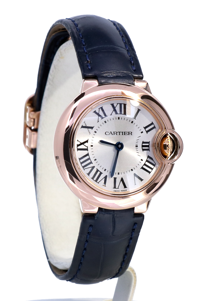 Cartier Ballon Bleu 18K Rose Gold Leather Strap Deploy. Clasp Silver Roman  Dial 28 mm - Kleen Edelmetalen
