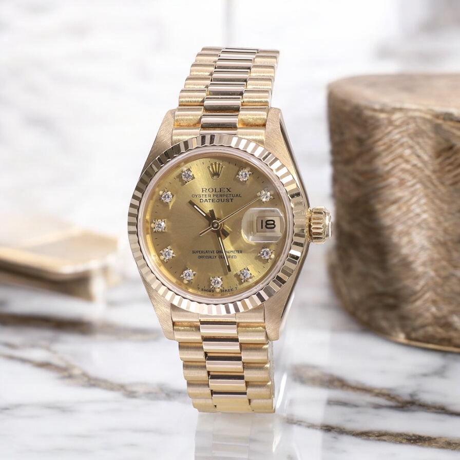 69178 Rolex Lady Datejust President Yellow Gold Champagne Diamonds 26 mm // Full Set 1989