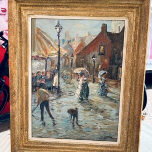 Cor Schaap 1968 -- Dorps tafereeltje met wandelende dames langs een bistro