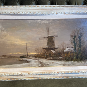 Constant Artz [1870-1951] Hollands winterlandschap met molen bij zonsondergang 40 x 80 cm