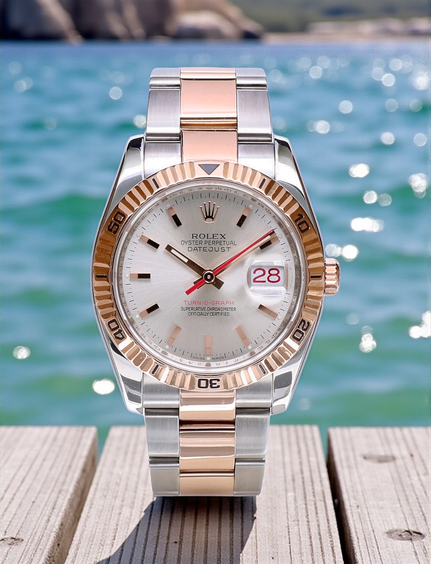 116261 Rolex Oyster Datejust Turnograph Rose Gold Steel Silver Dial 36 mm