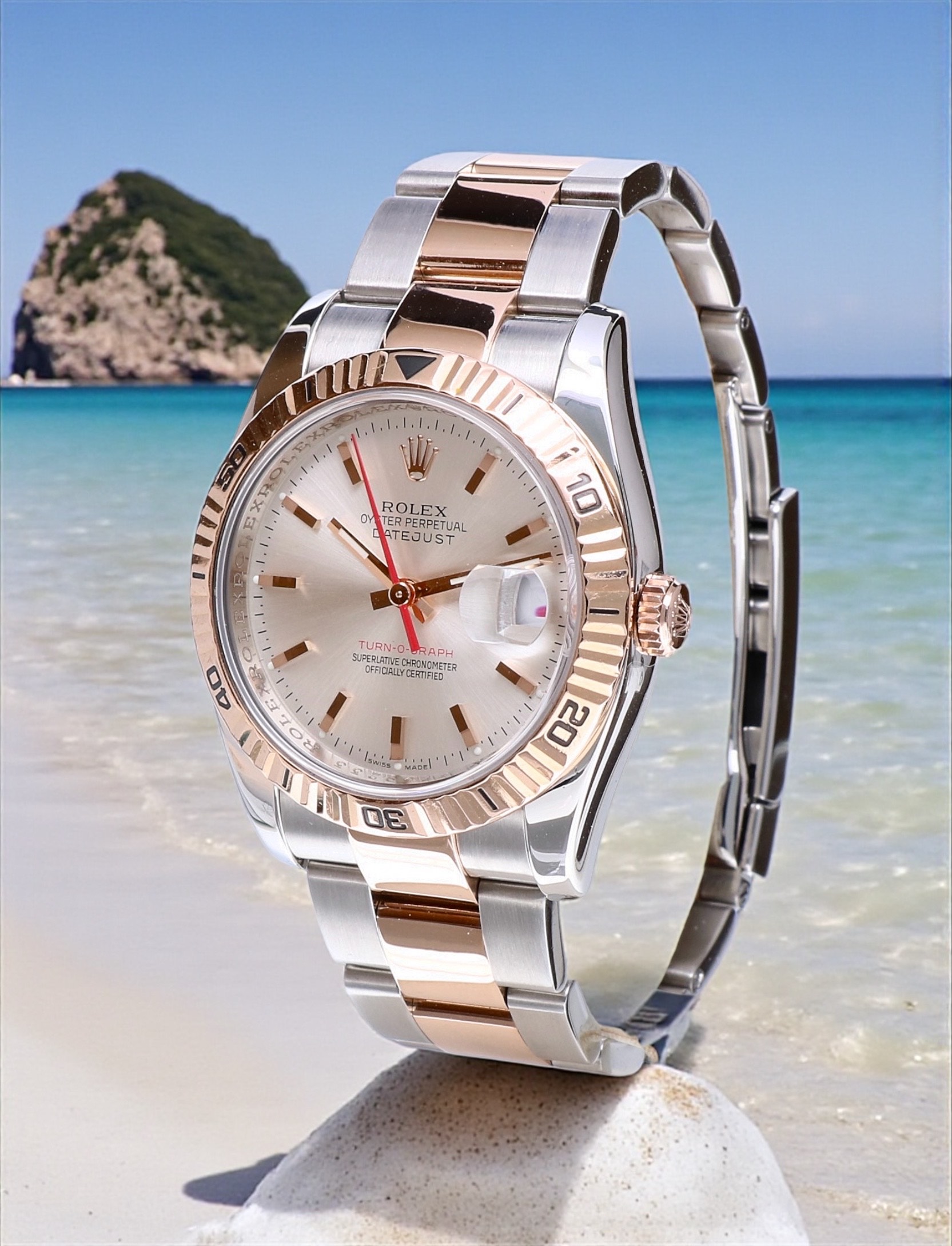 116261 Rolex Oyster Datejust Turnograph Rose Gold Steel Silver Dial 36 mm