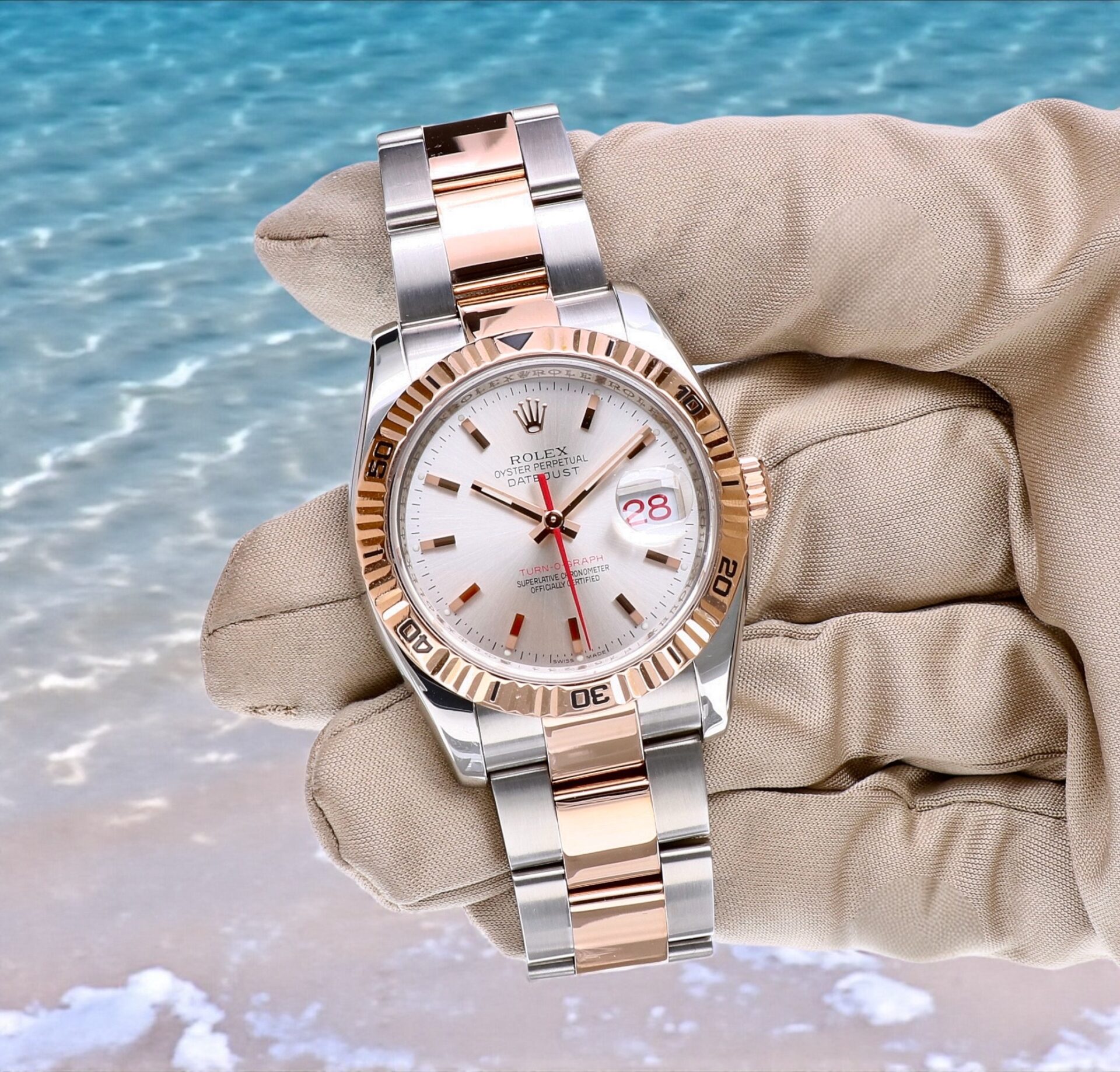 116261 Rolex Oyster Datejust Turnograph Rose Gold Steel Silver Dial 36 mm