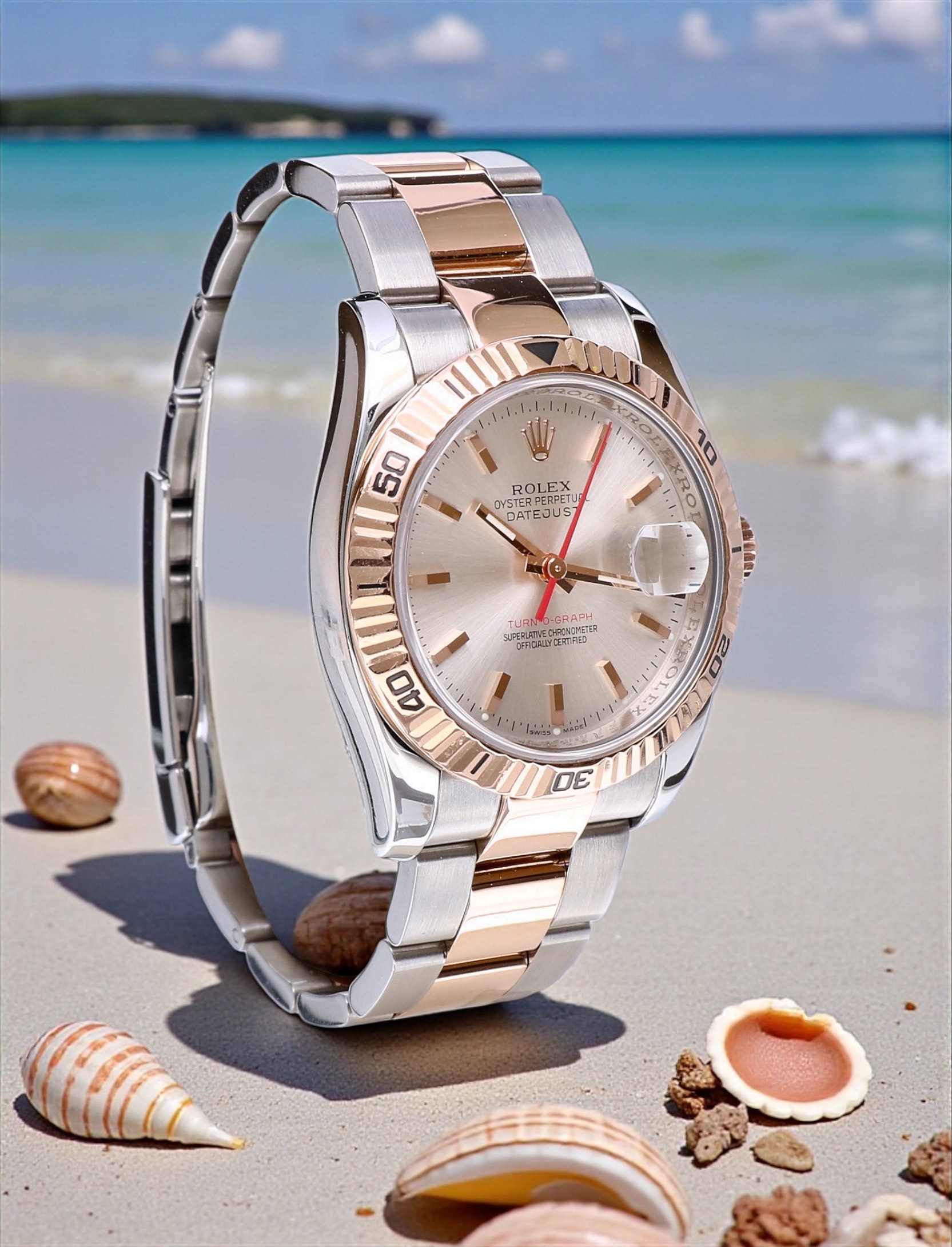 116261 Rolex Oyster Datejust Turnograph Rose Gold Steel Silver Dial 36 mm