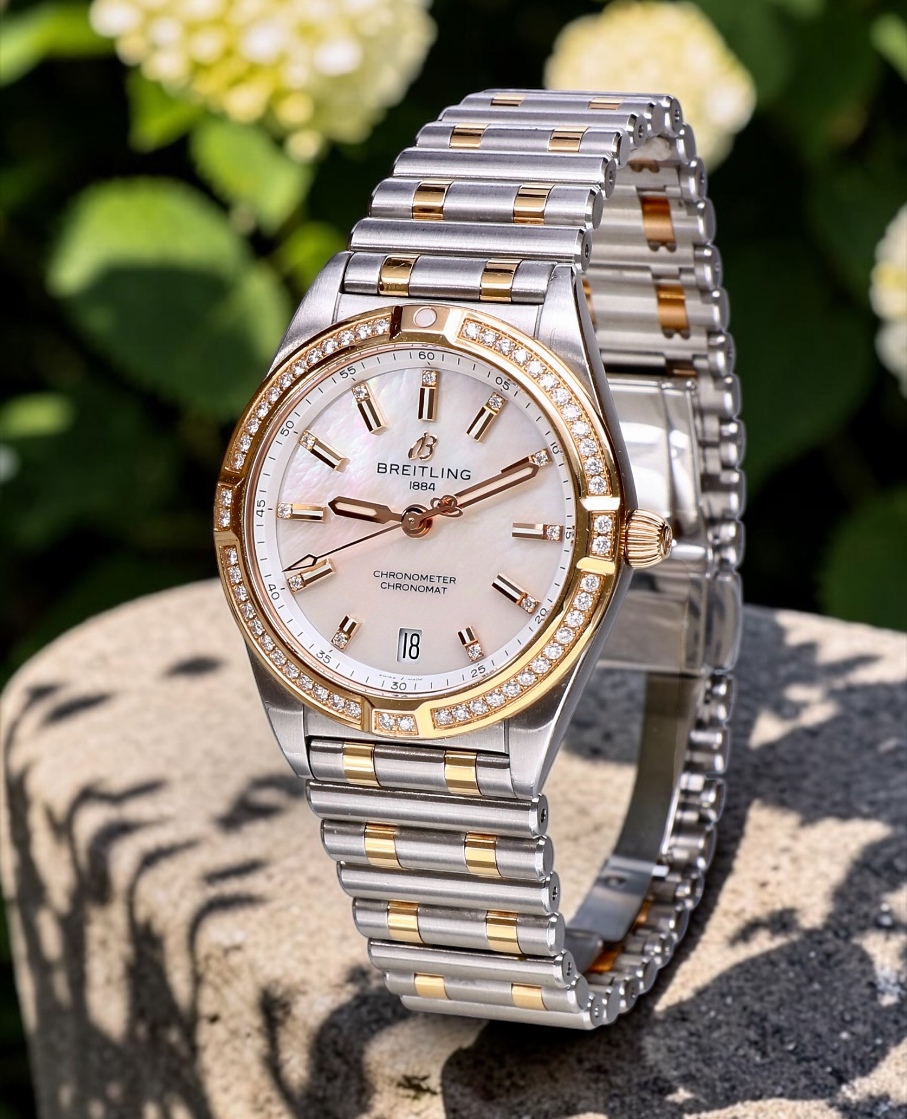 U77310 Breitling Chronomat Roulleaux Gold Steel Pearl Dial Factory Diamonds 32 mm // Full Set