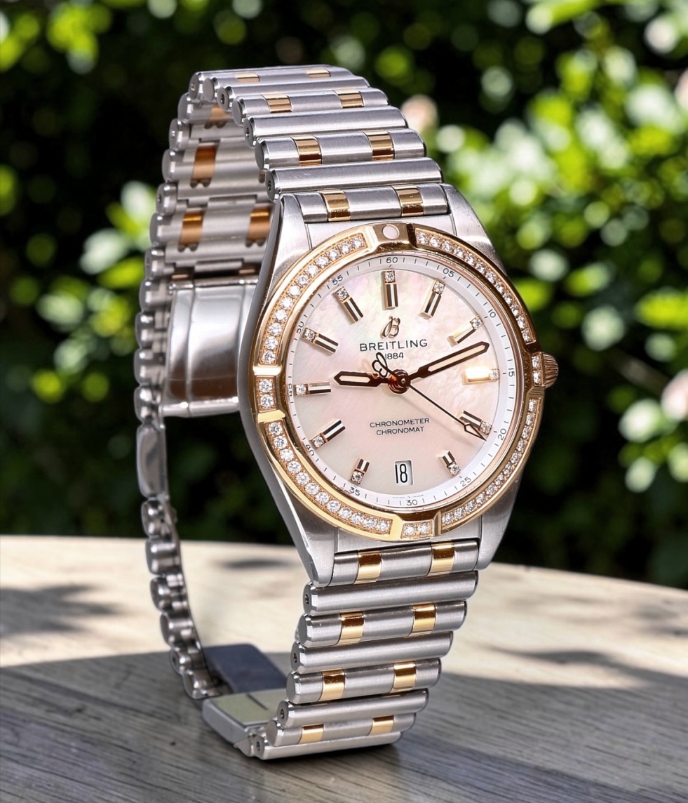 U77310 Breitling Chronomat Roulleaux Gold Steel Pearl Dial Factory Diamonds 32 mm // Full Set