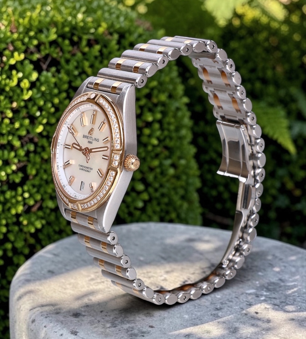 U77310 Breitling Chronomat Roulleaux Gold Steel Pearl Dial Factory Diamonds 32 mm // Full Set