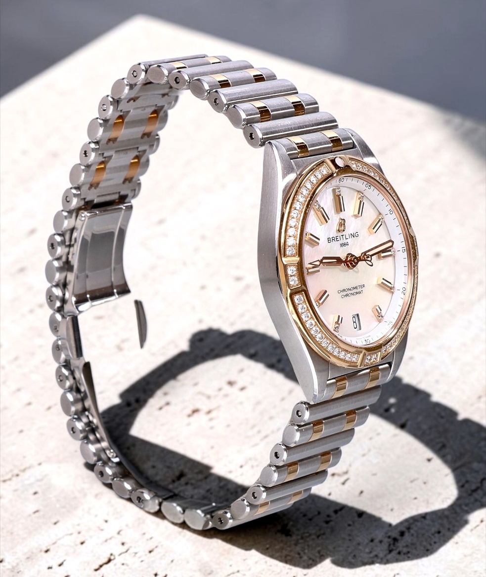 U77310 Breitling Chronomat Roulleaux Gold Steel Pearl Dial Factory Diamonds 32 mm // Full Set