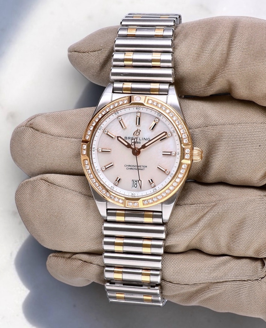 U77310 Breitling Chronomat Roulleaux Gold Steel Pearl Dial Factory Diamonds 32 mm // Full Set