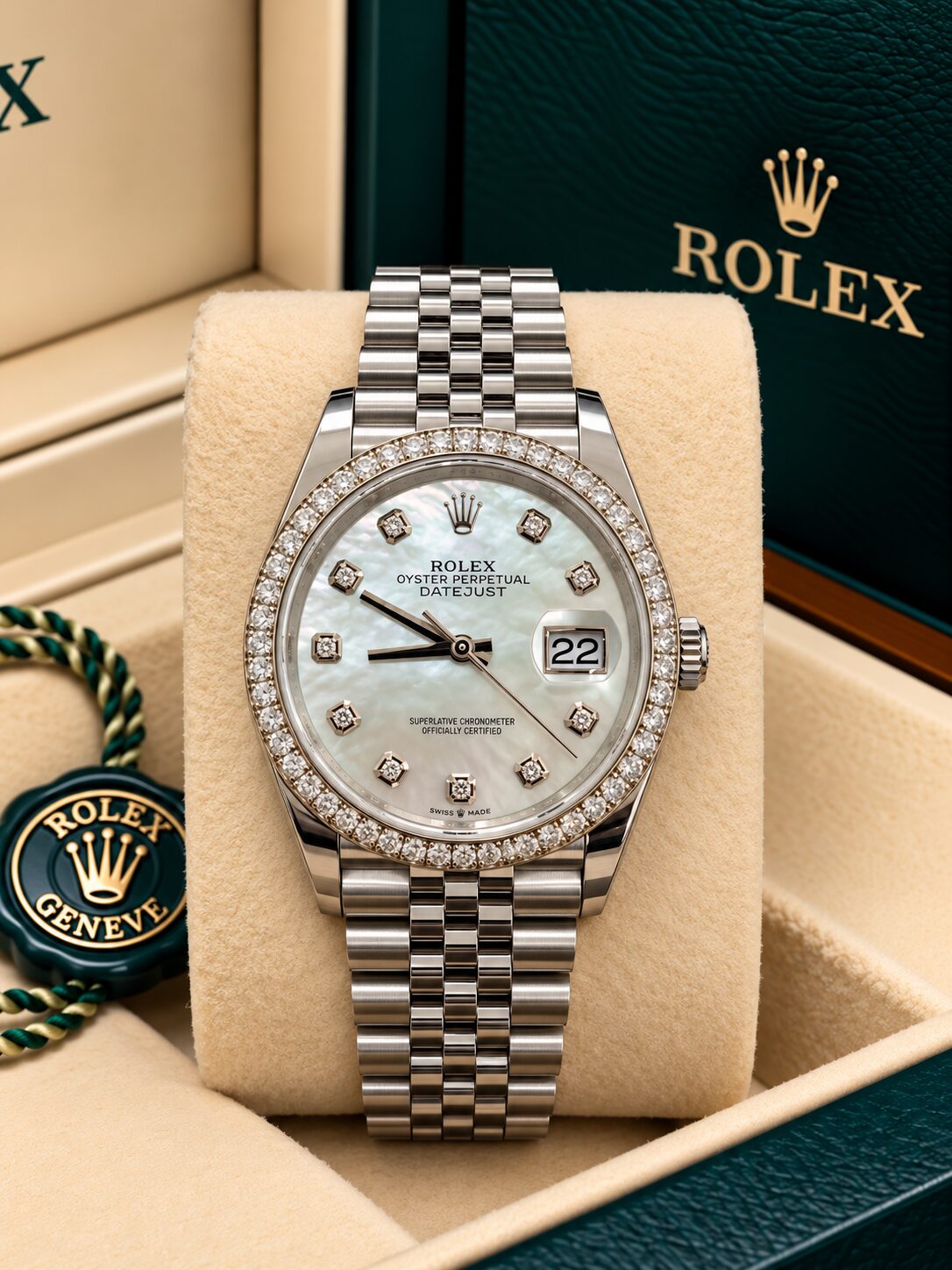 126284RBR Rolex Datejust Jubilee Steel Mother of Pearl Factory Diamonds 36 mm